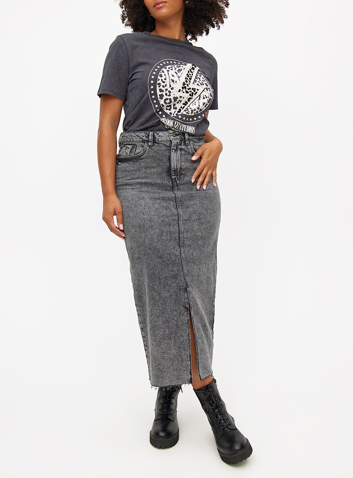 Grey Washed Denim Maxi Skirt 