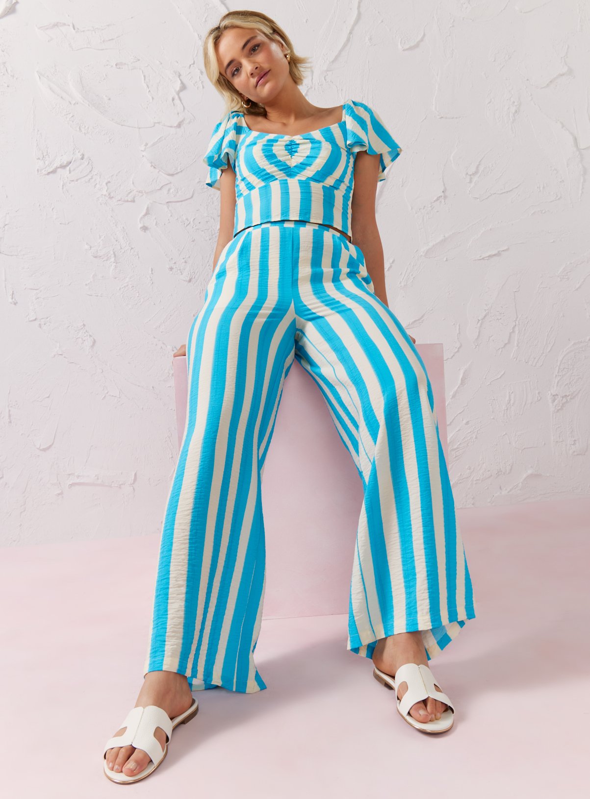 EVERBELLE Blue Stripe Wide Leg Trousers  