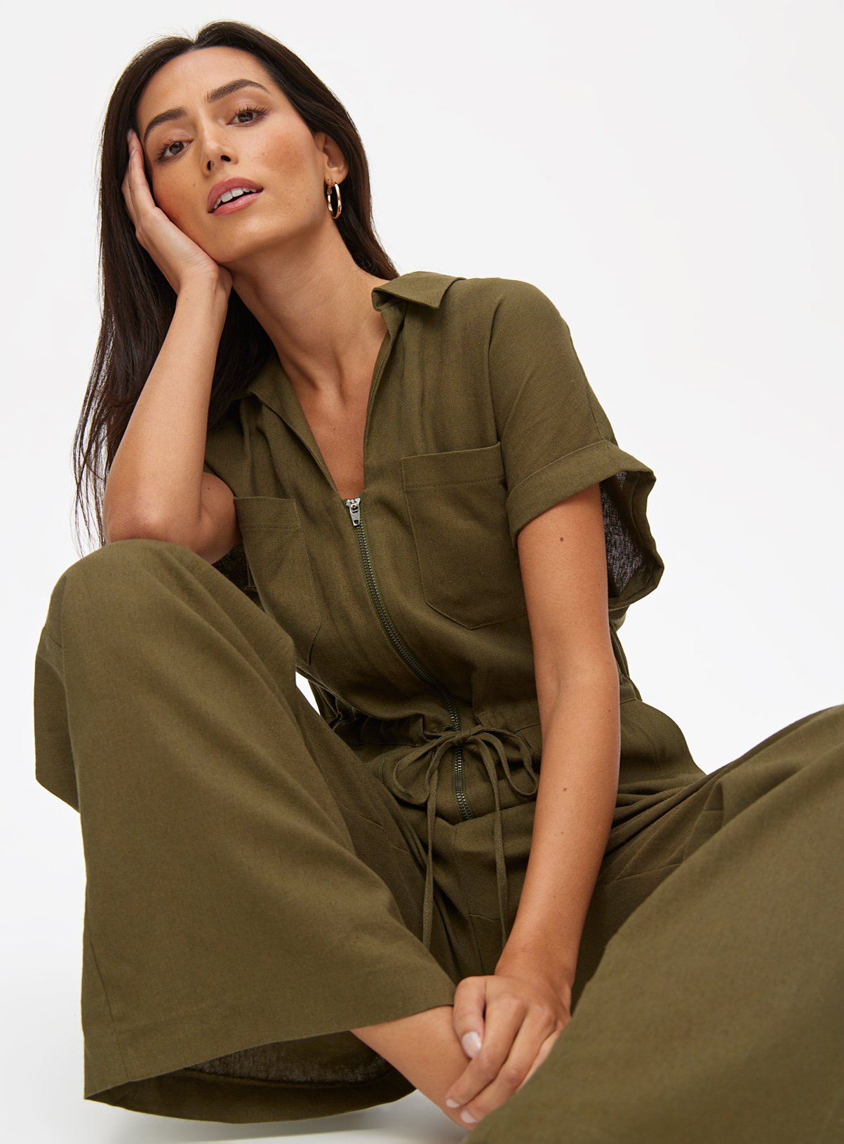 Khaki Linen Blend Utility Tie Waist Jumpsuit  