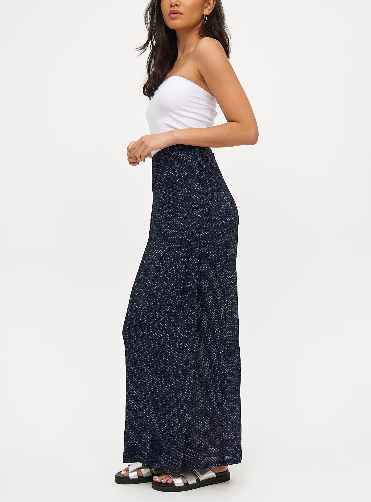 Navy Dot Print Plisse Wrap Maxi Skirt 