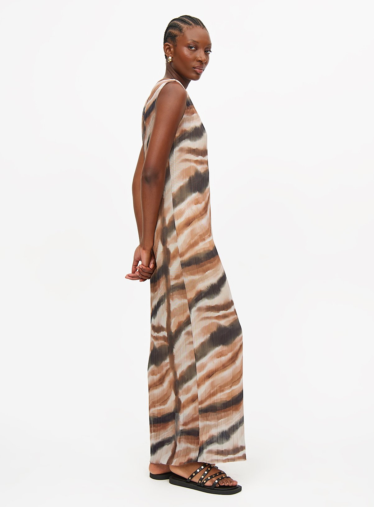 Natural Abstract Sleeveless Maxi Column Dress 