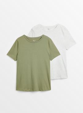 Grey Marl & Khaki Regular Fit T-Shirts 2 Pack 