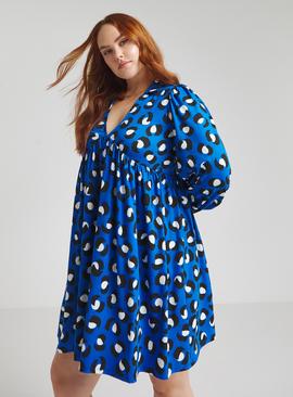 SIMPLY BE Supersoft Smock Dress In Blue Animal Print 