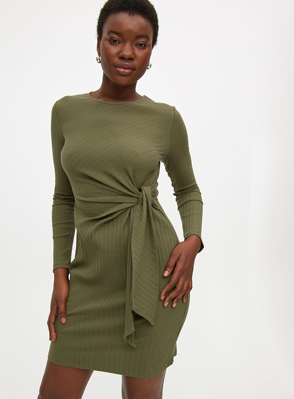 Khaki Ribbed Side Tie Dress 16