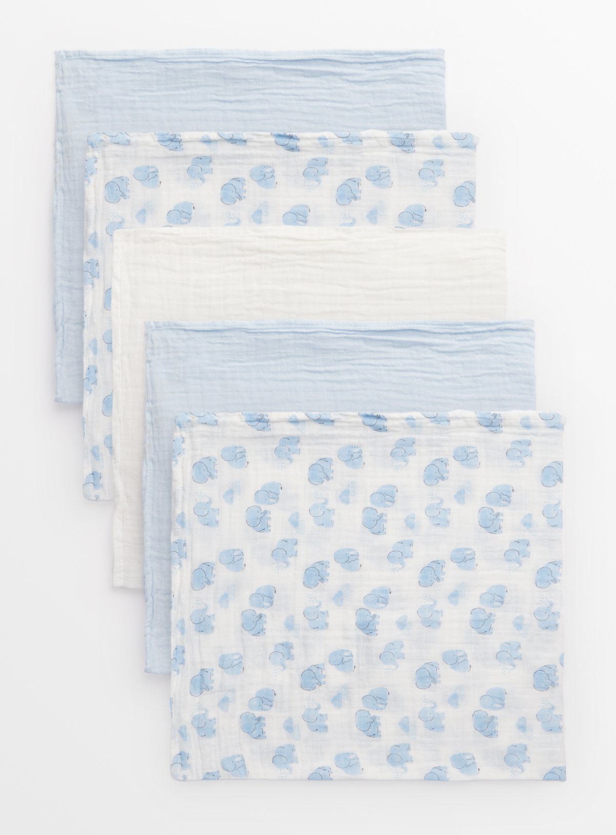 Blue Elephant Print & White Muslin Squares 5 Pack One Size