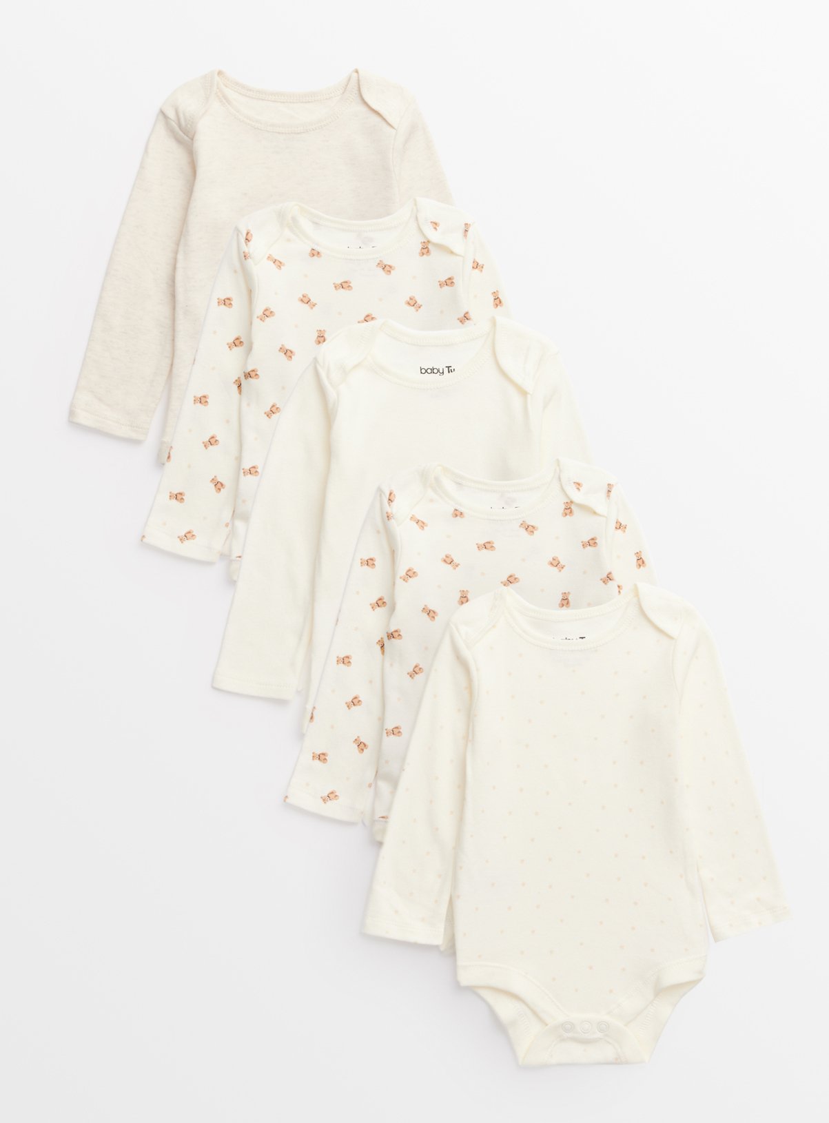 Cream Bear Print Long Sleeve Bodysuits 5 Pack 