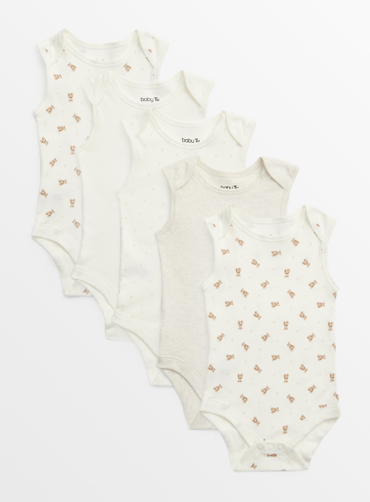 Cream Bear Print Short Sleeve Bodysuits 5 Pack Tiny Baby