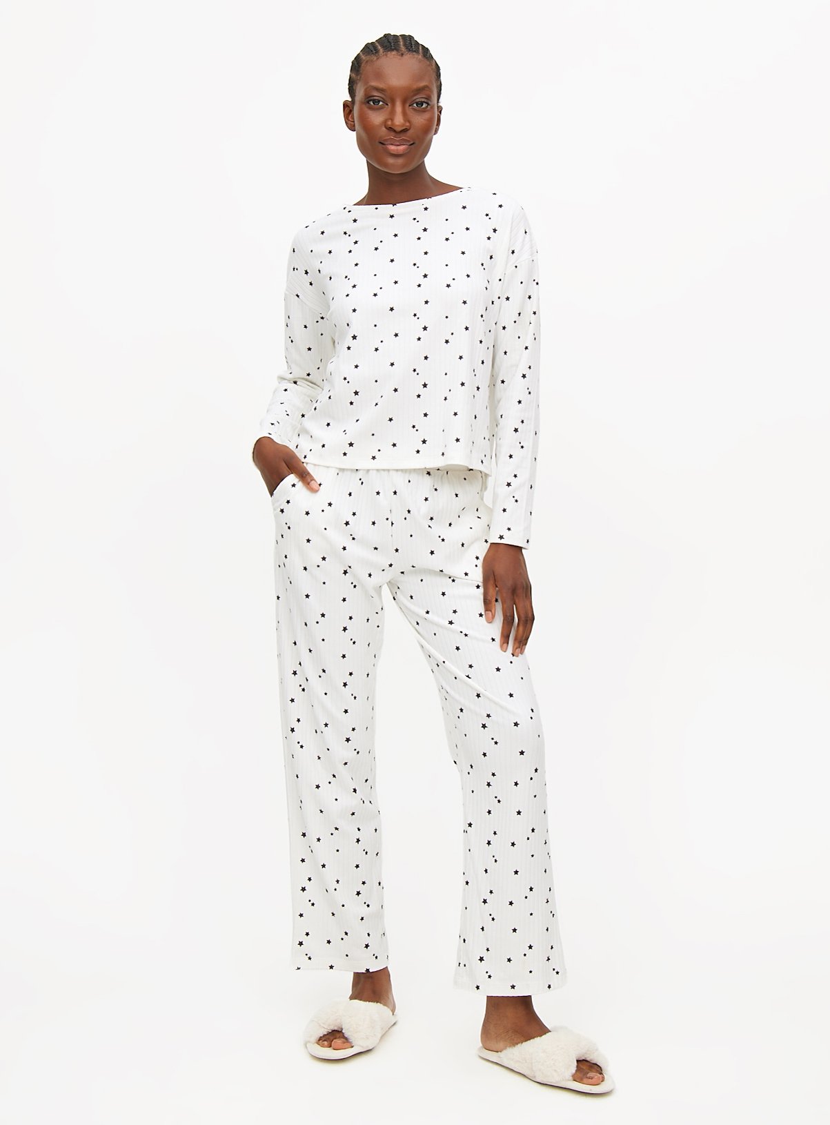 Cream Star Print Ribbed Long Sleeve Pyjamas