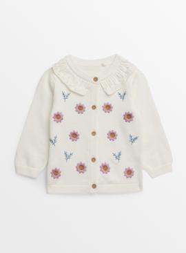 Cream Floral Embroidered Collared Cardigan  