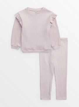 Pink Soft Knit Frill Sweatshirt & Leggings Set 