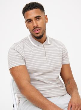 Grey Stripe Textured Zip Polo Shirt 