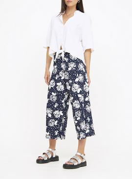 Navy Floral Wide Leg Cropped Trousers  