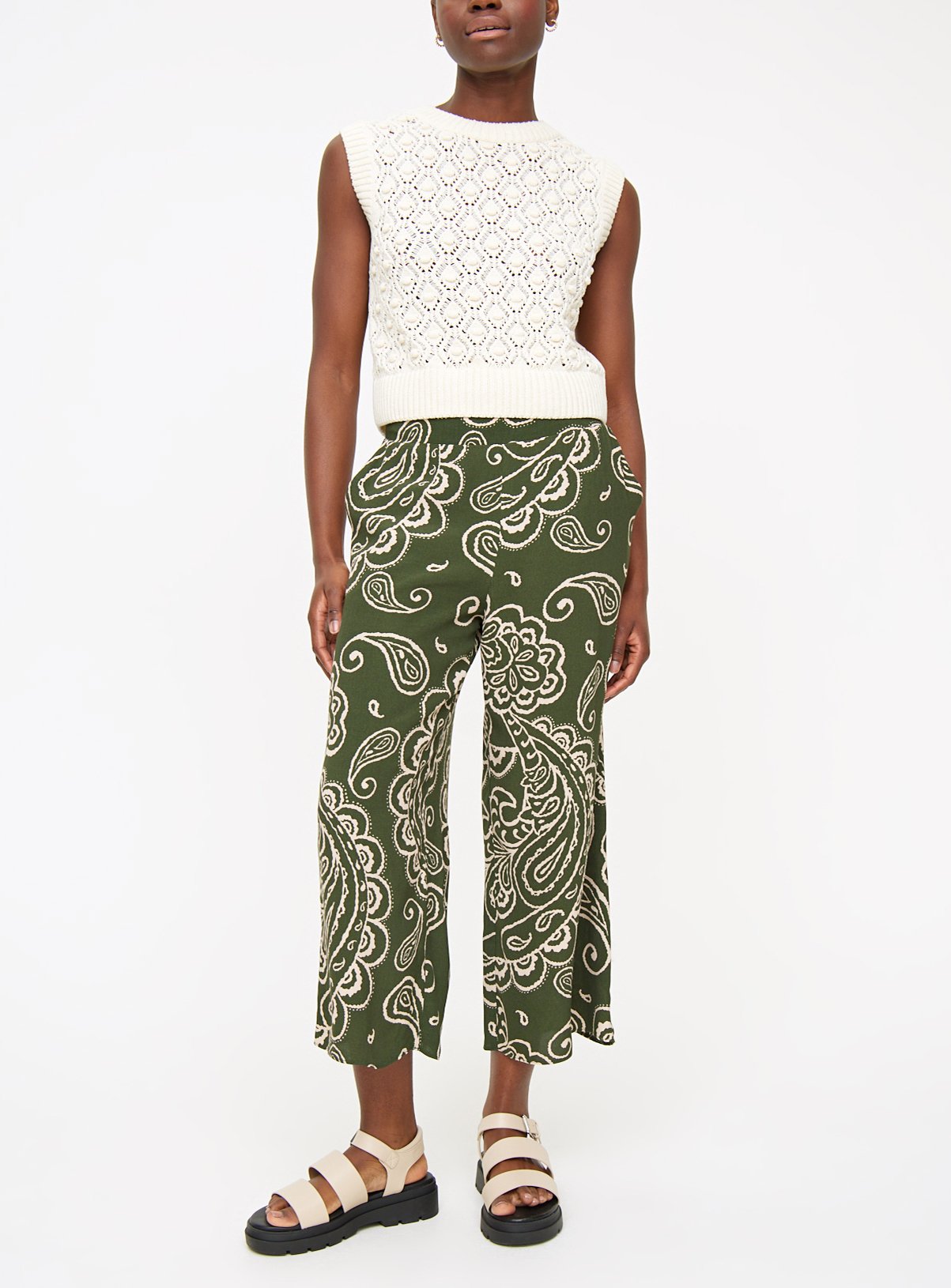Khaki Paisley Print Wide Leg Cropped Trousers  