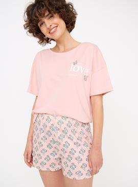 Pink Love Slogan Shortie Pyjamas 