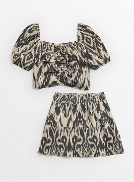 Monochrome Ikat Crop Top & Skirt Set  