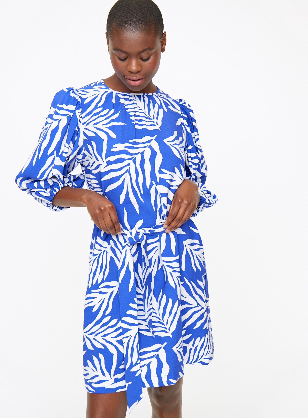 Blue Leaf Print Shift Dress 