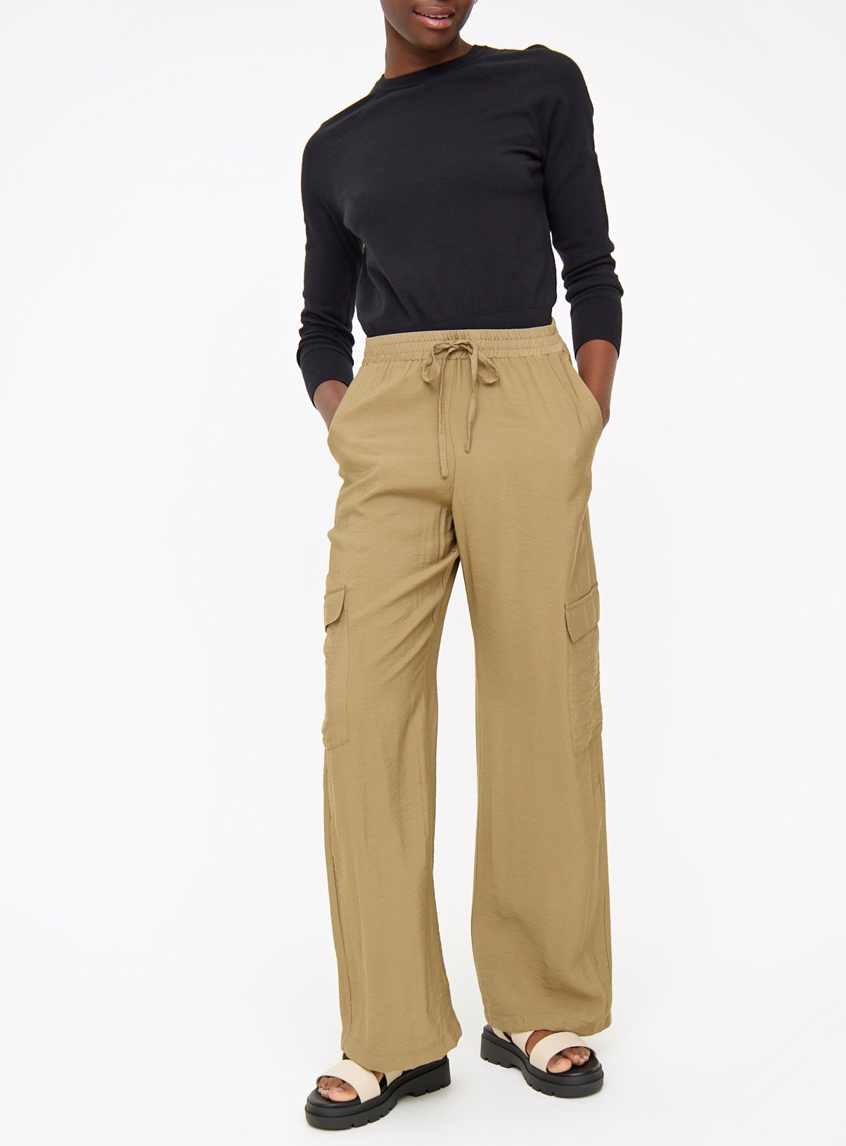 Khaki Viscose Blend Wide Leg Cargo Trousers 