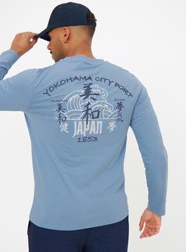 Blue Japanese Graphic Long Sleeve T-Shirt 