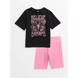 Black Graphic T-Shirt & Pink Cycling Shorts Set