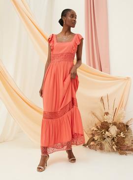FATFACE Hibiscus Lace Maxi Dress Coral Pink 