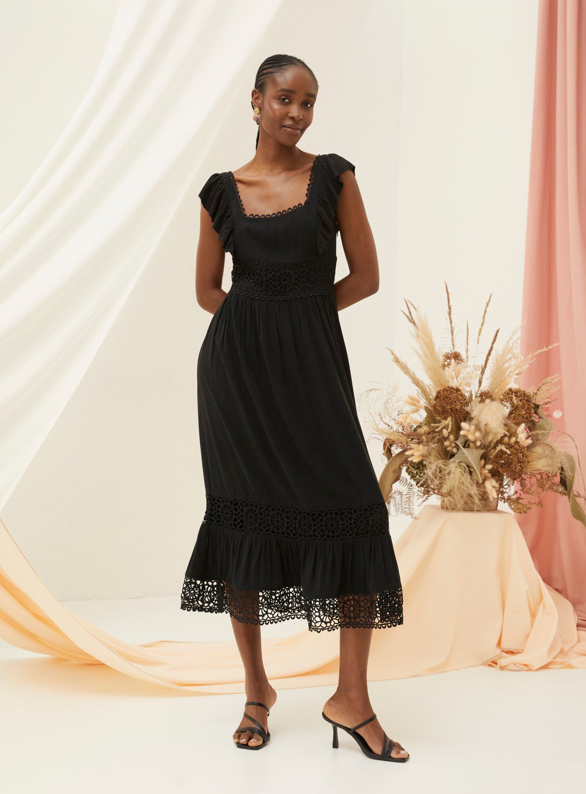 FATFACE Hibiscus Lace Midi Dress Black 16
