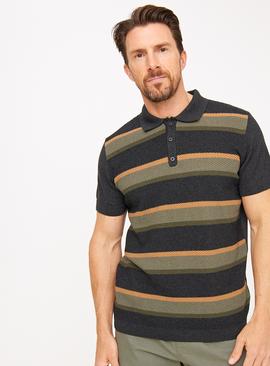 Block Stripe Textured Zip Polo Shirt 