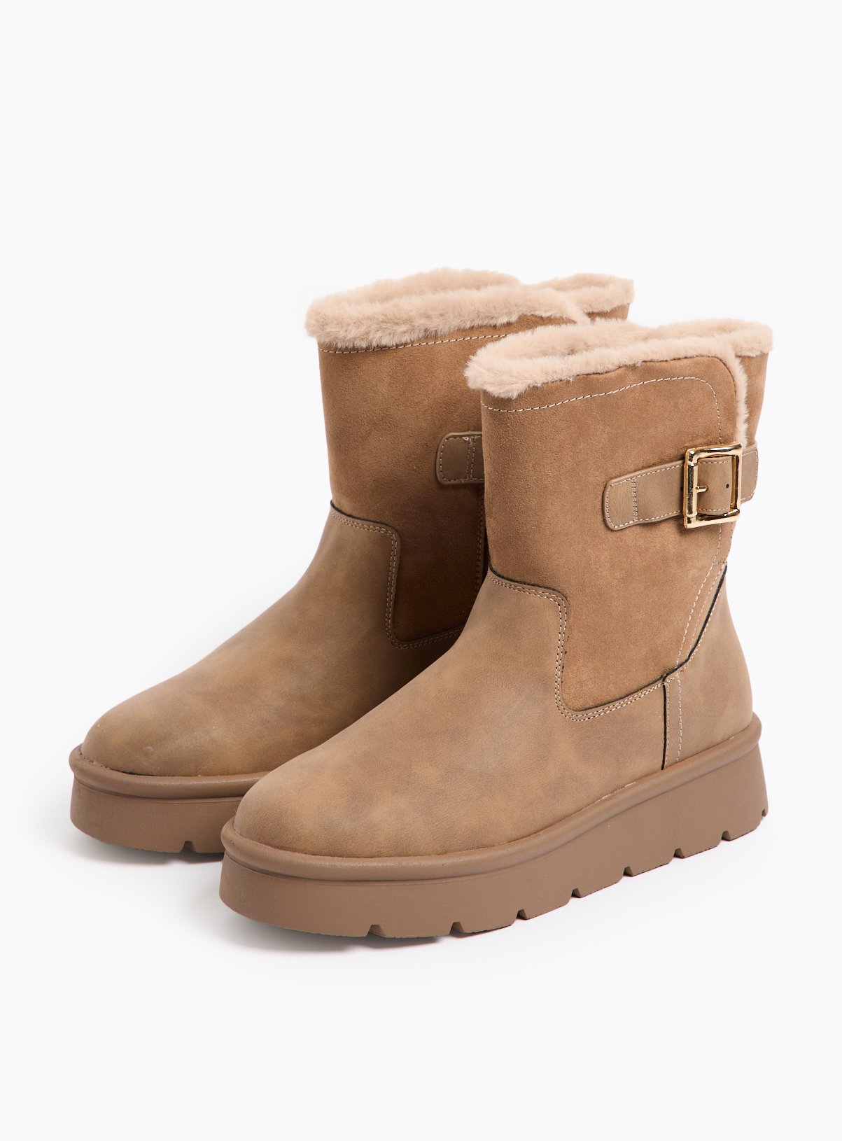 Taupe Buckle Detail Faux Fur Lined Boots 