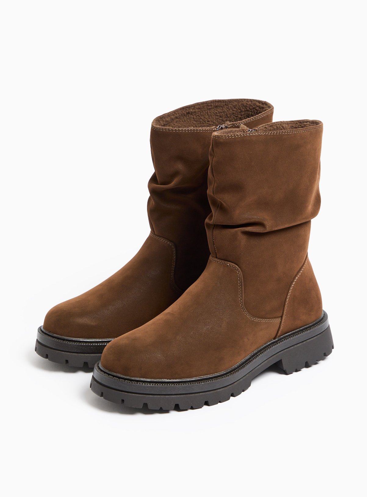 Brown Ruched Detail Borg Fleece Lined Boots 