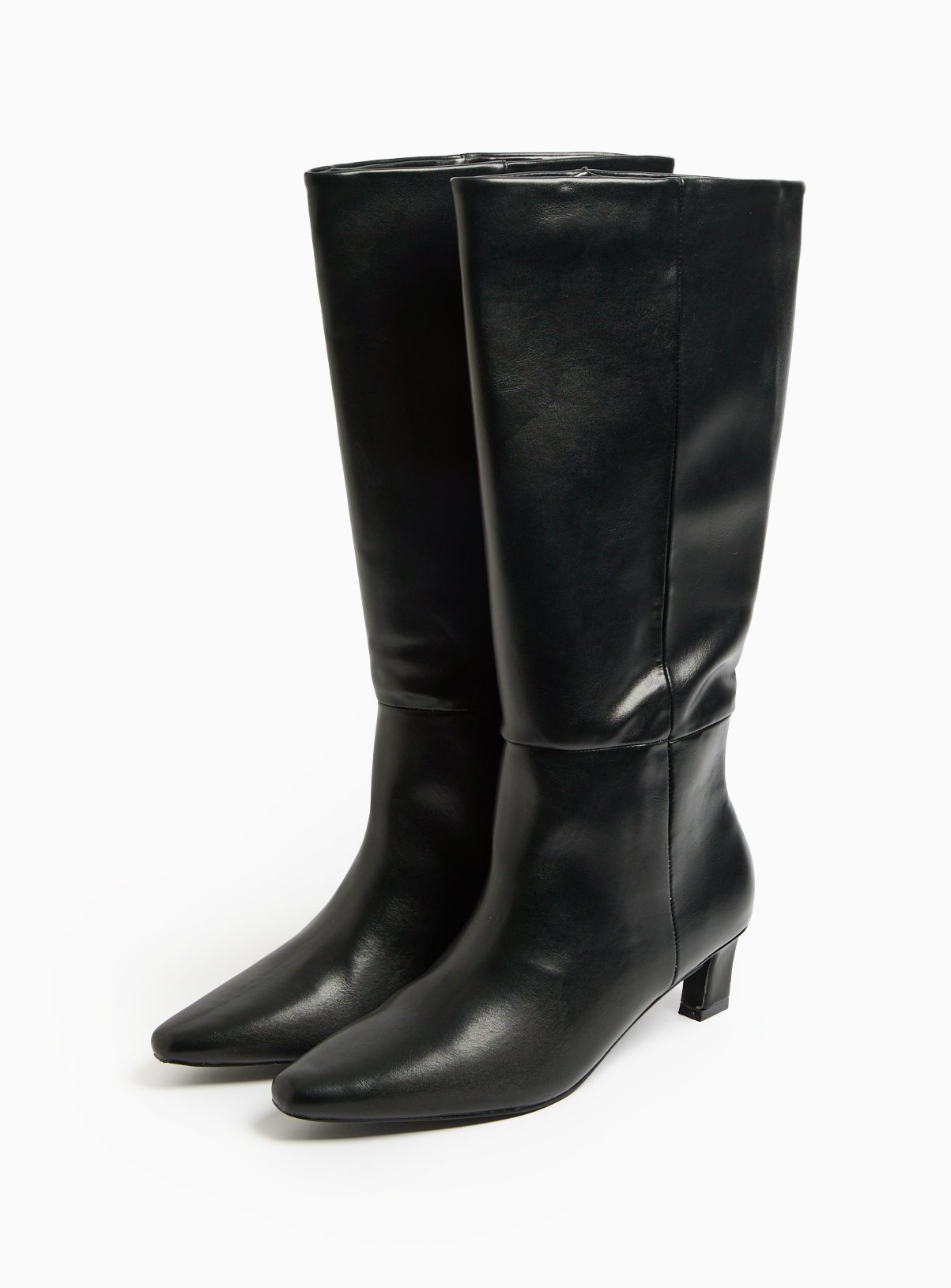 Black Faux Leather Relaxed Long Heeled Boots 