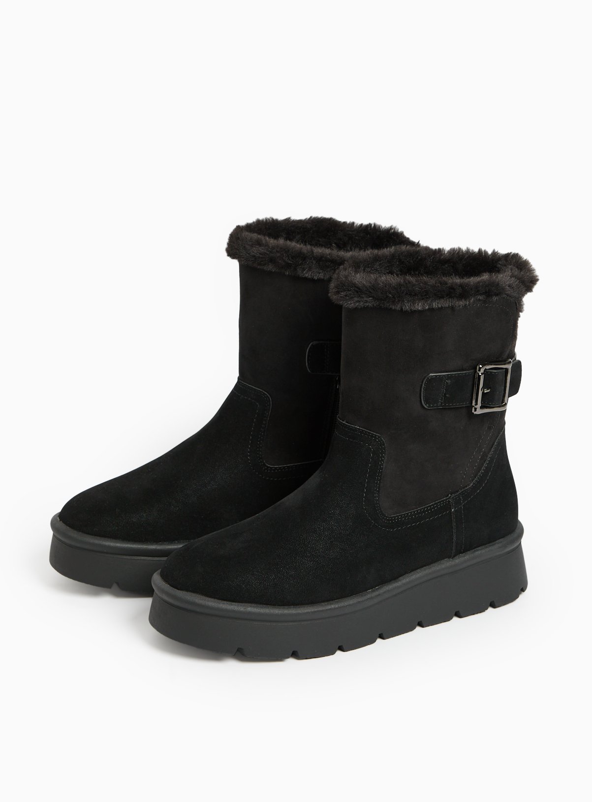 Black Buckle Detail Faux Fur Lined Boots
