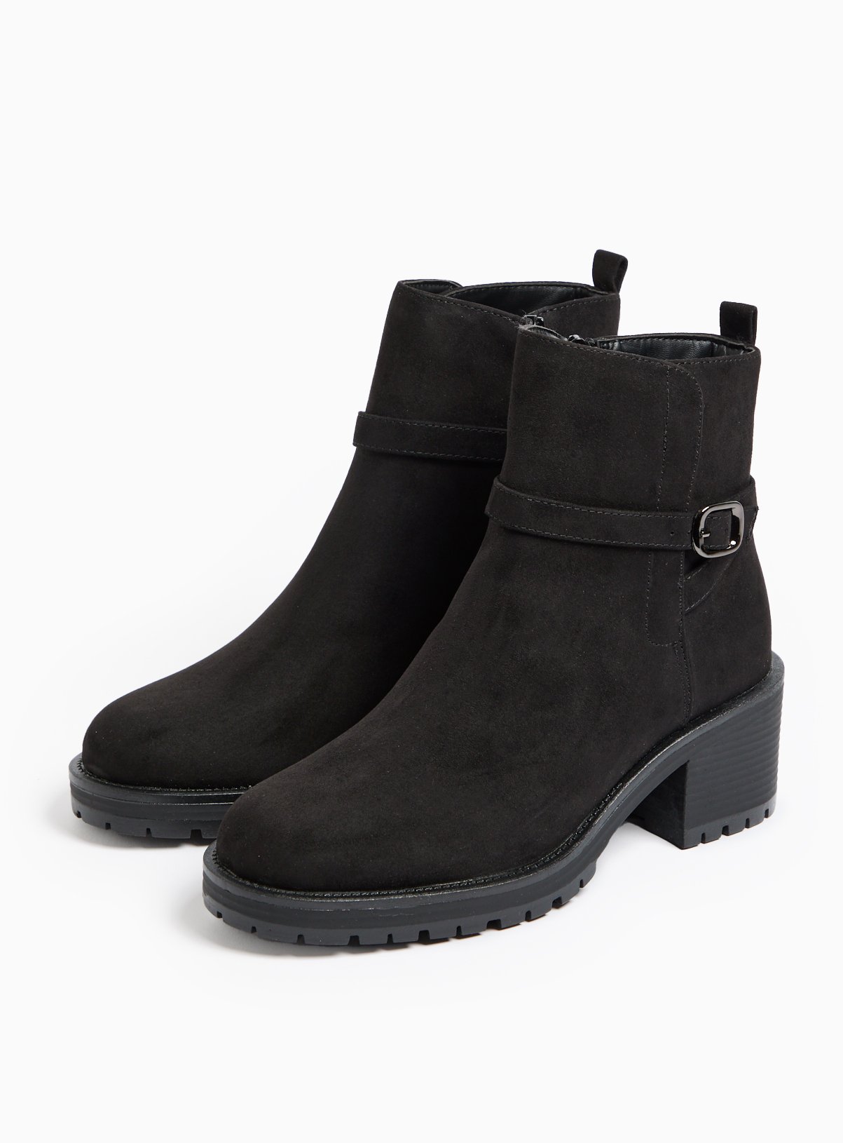 Black Suede Buckle Detail Block Heeled Boots  