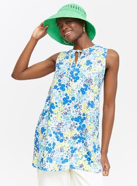 Blue Floral Print Sleeveless Tunic Top 