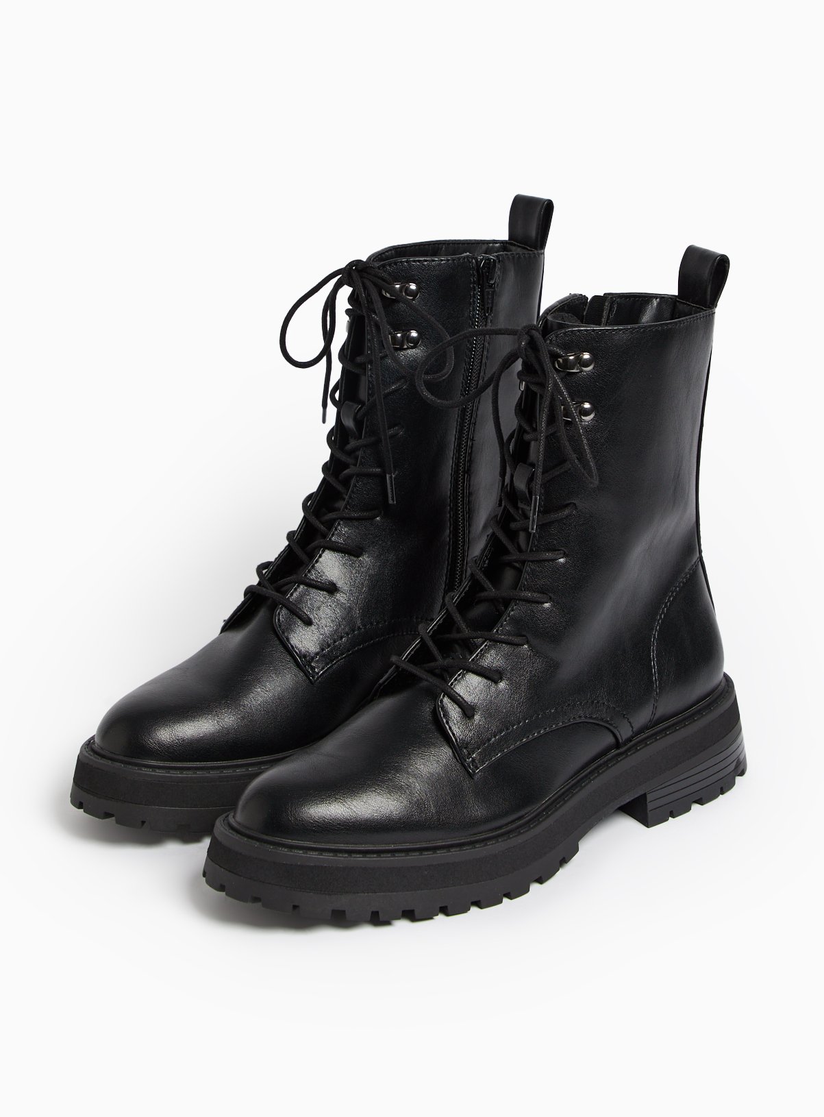 Black Faux Leather Lace-Up Ankle Boots