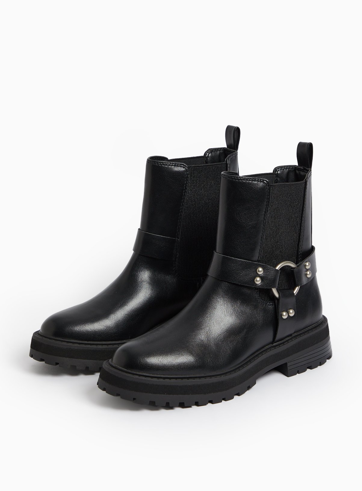 Black Faux leather Buckle Biker Boots 