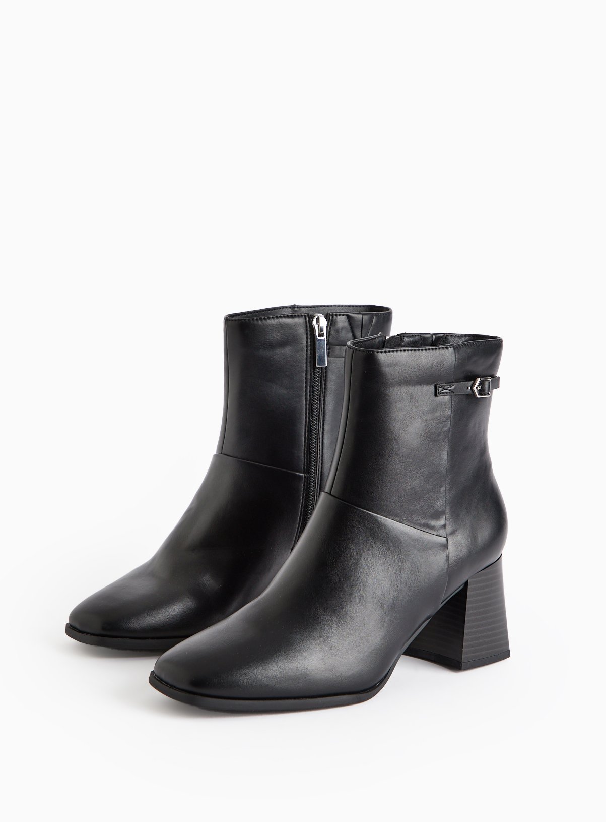 Black Faux Leather Buckle Detail Heeled Boots 