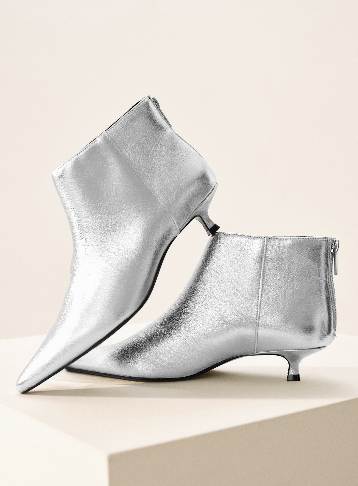 Metallic Silver Kitten Heel Short Boots 