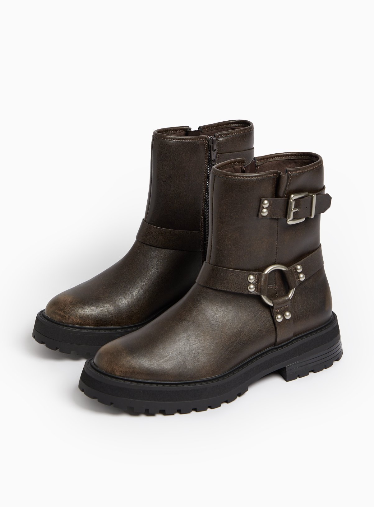 Brown Faux Leather Biker Ankle Boots 