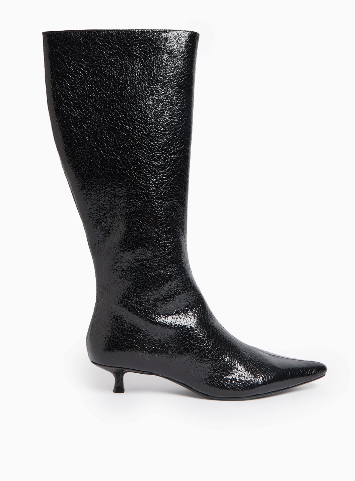 Black Patent Crackled Design Heeled Boots 