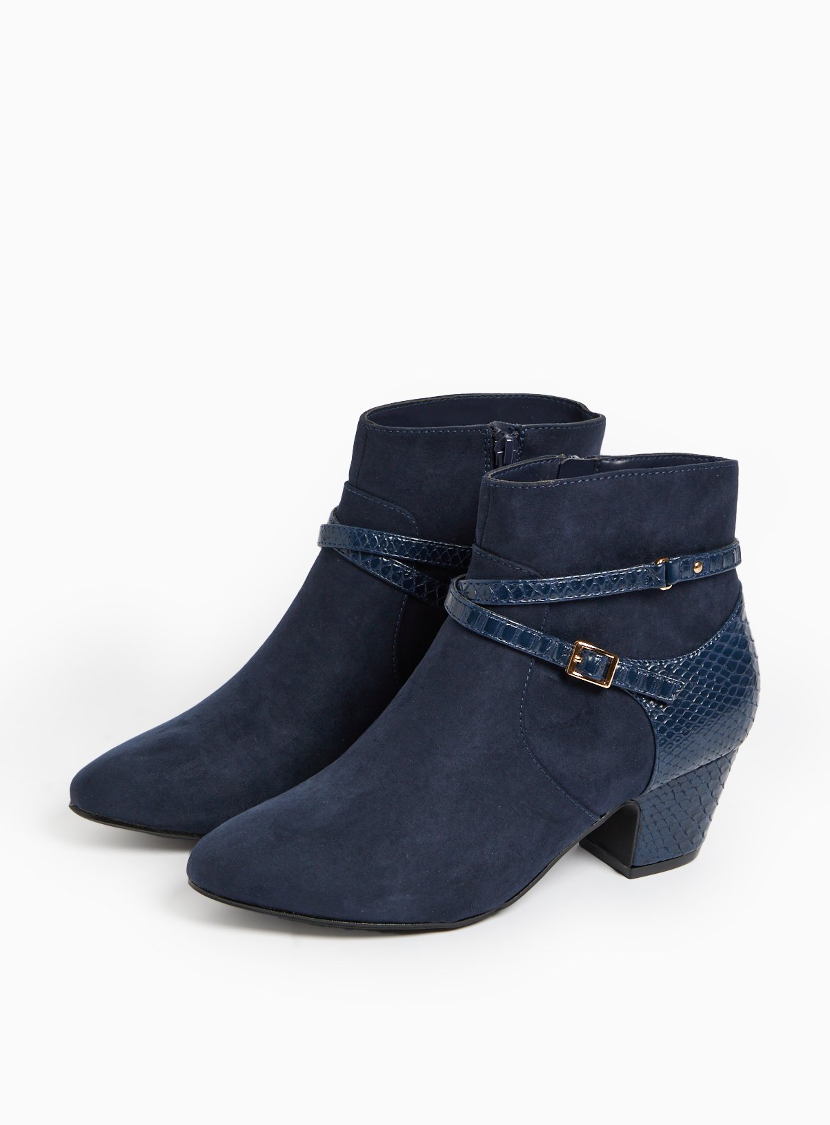 Navy Faux Suede Buckle Strap Detail Heeled Ankle Boots  