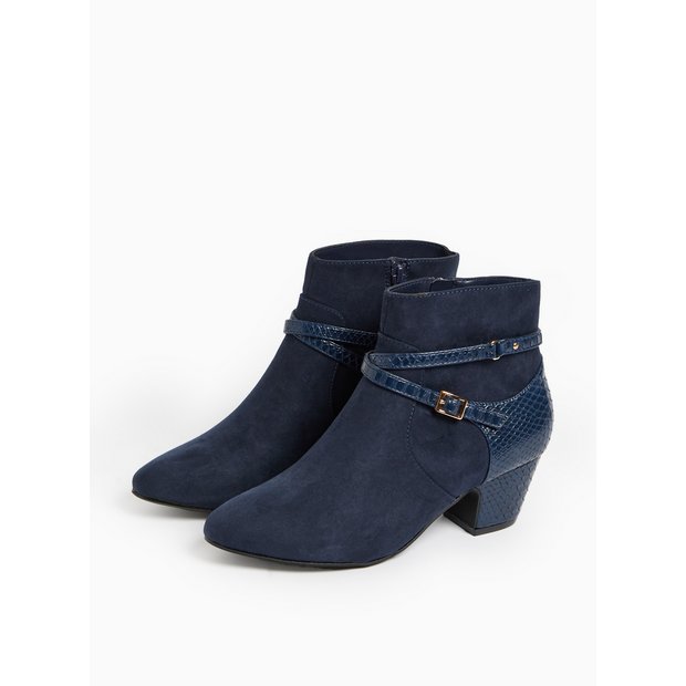 Buy Navy Faux Suede Buckle Strap Detail Heeled Ankle Boots 3 Boots Tu