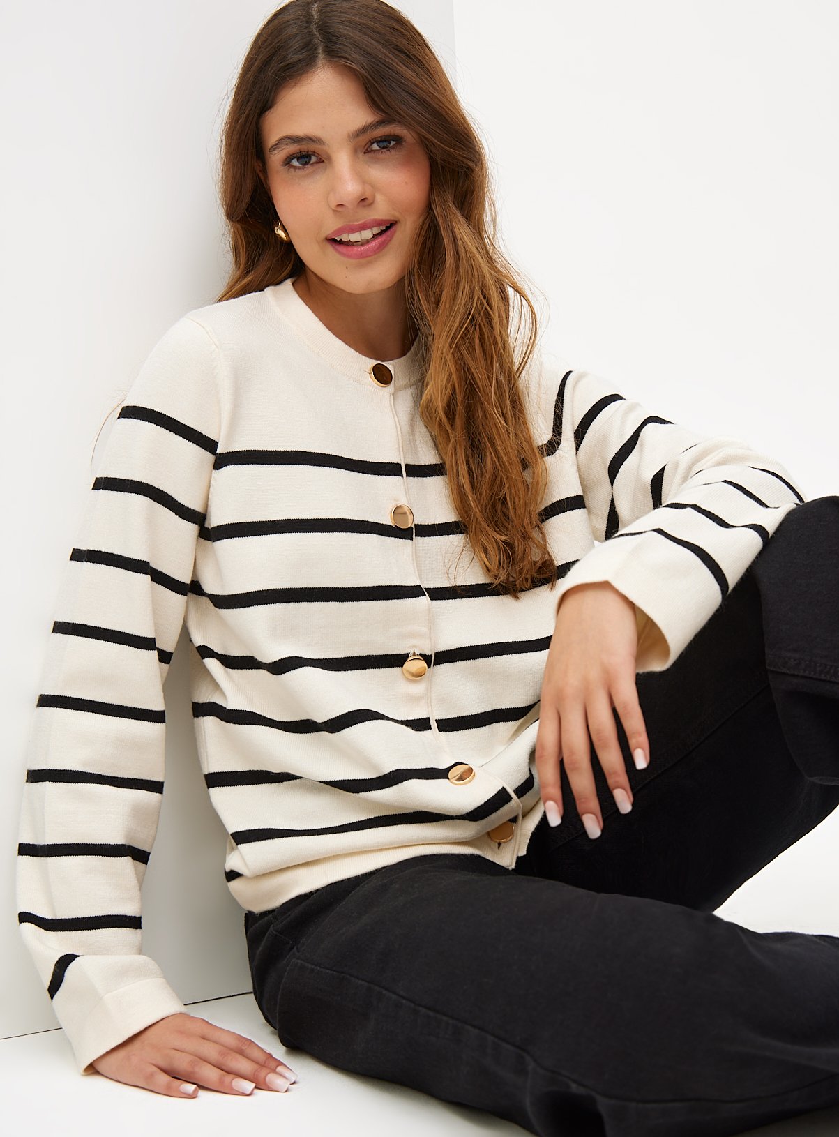 Cream Stripe Button Through Cardigan 