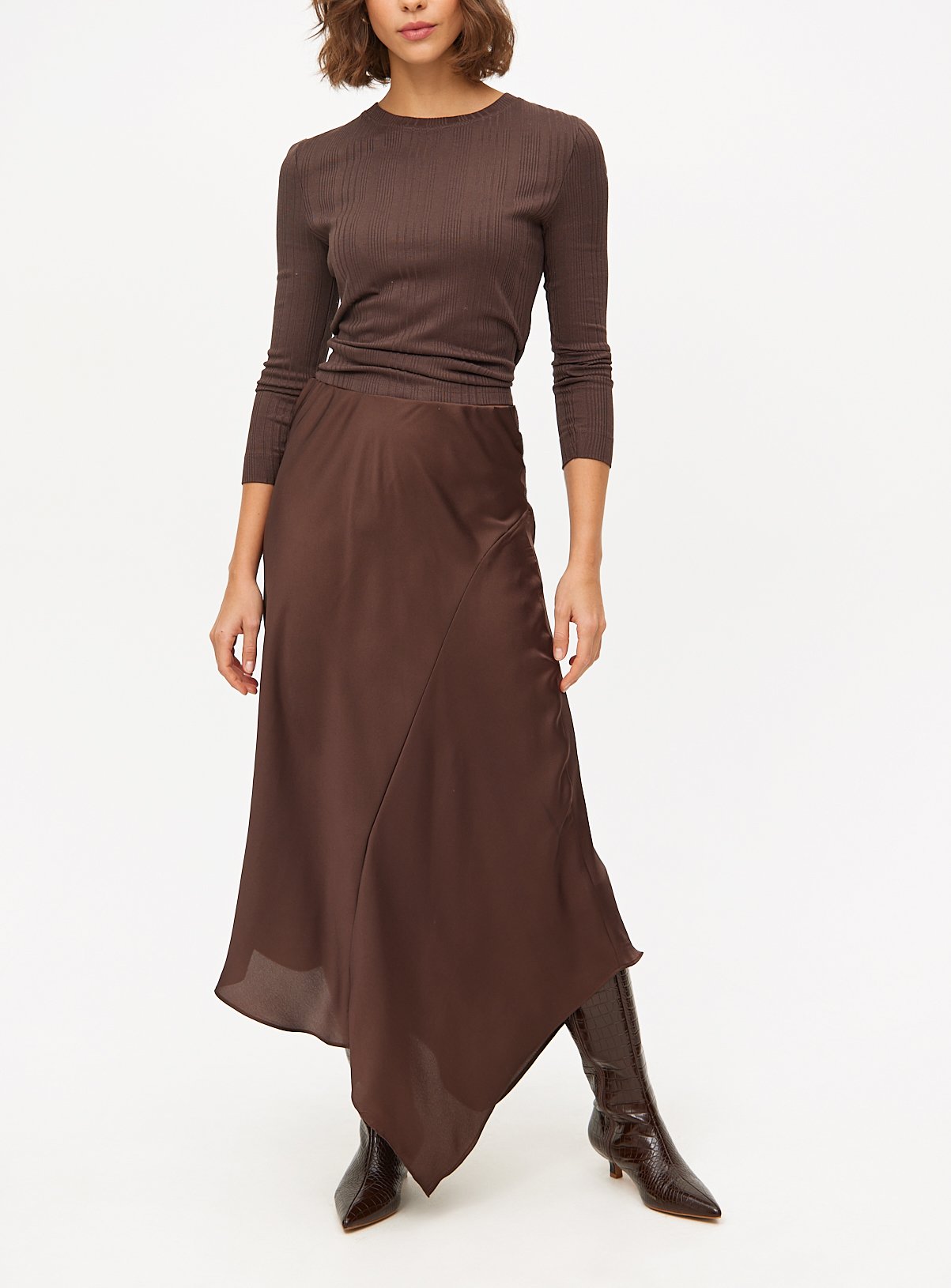 Brown Satin Asymmetric Midaxi Skirt 