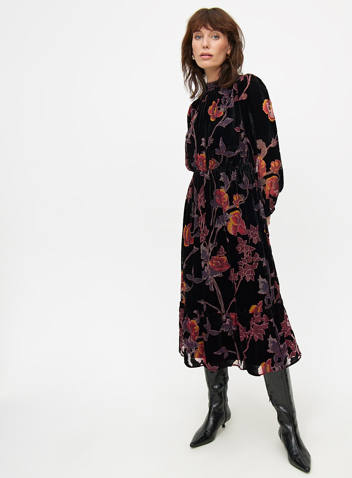 Romantic Burnout Floral Print Long Sleeve Midi Dress