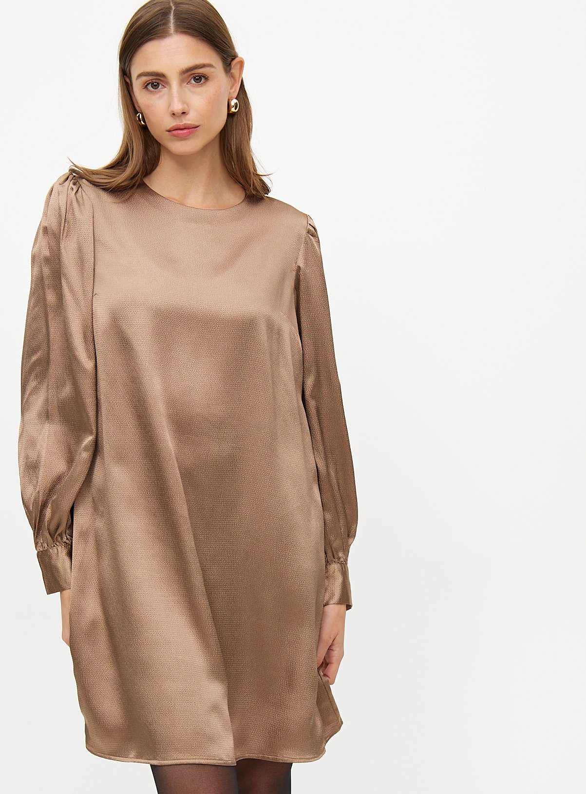 Satin Bronze Long Sleeve Mini Dress 