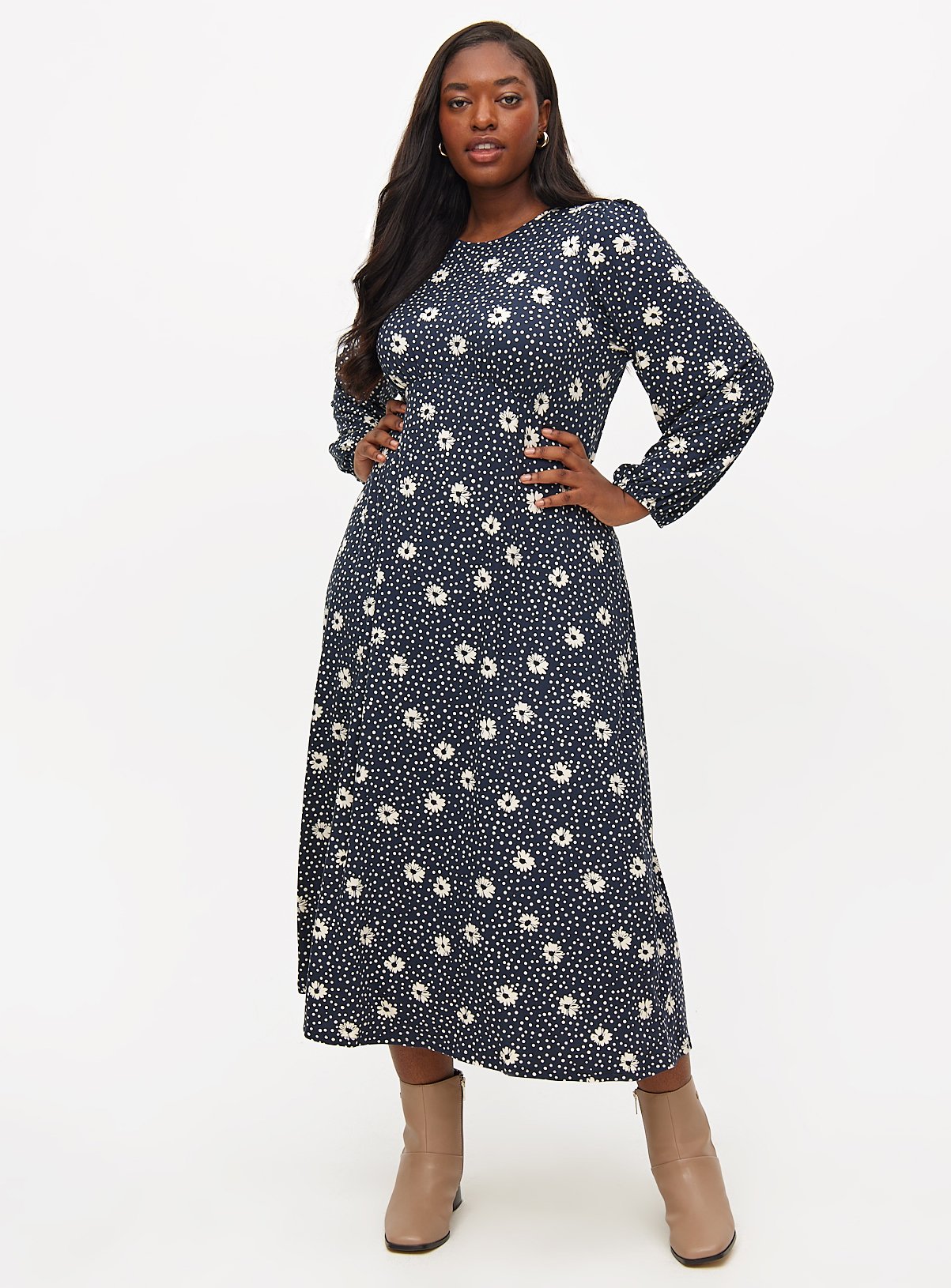 Navy Daisy Print Soft Touch Midaxi Tea Dress 