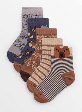 Brown Woodland Bear Print Ankle Socks 5 Pack 