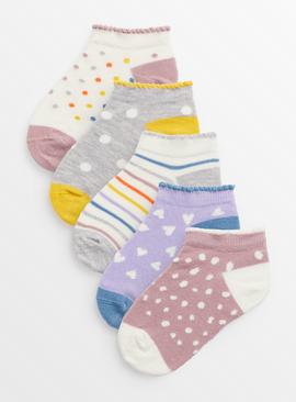 Pastel Spot & Heart Print Trainer Socks 5 Pack 