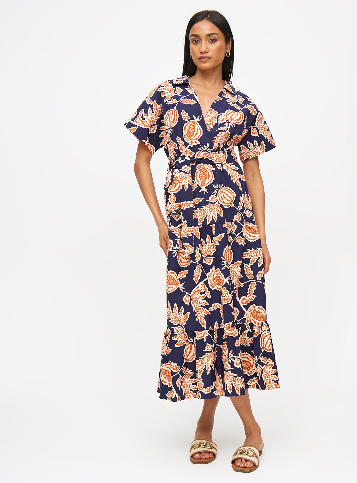 Navy Tropical Print Tiered Shirt Dress