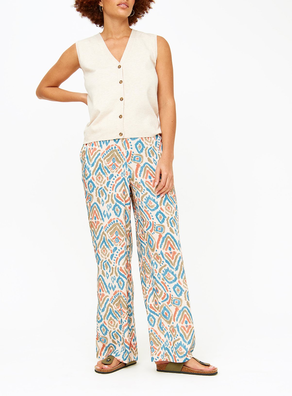 Neutral Ikat Dye Wide Leg Trousers  