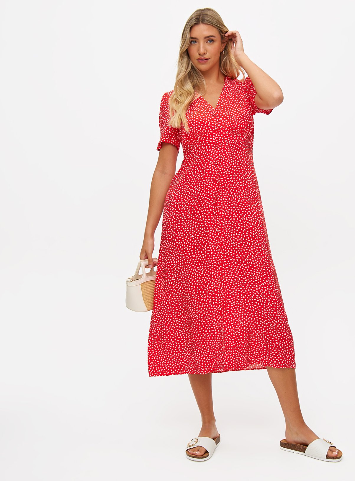 Red Floral Print Midaxi Tea Dress